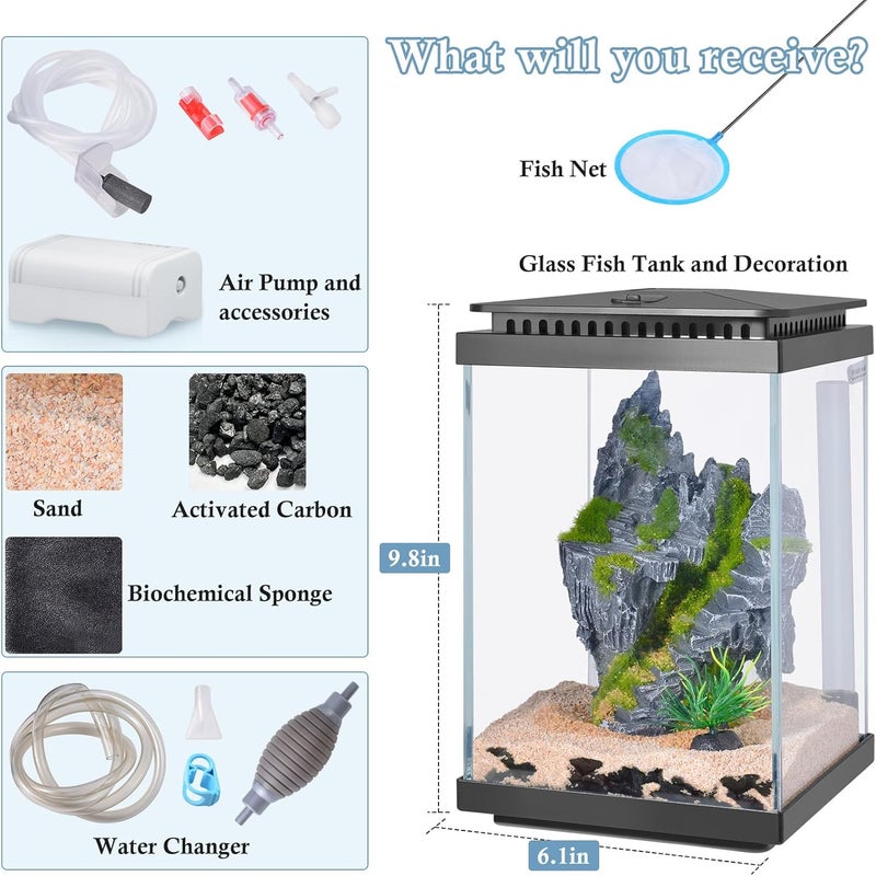 FEDOUR Small Glass Aquarium, 1 Gallon Desktop Fish Tank, Betta Fish Tank, Mini Aquarium Starter Kit with Air Pump LED Light Decoration Water Changer Fish Net (Black) - Image 2